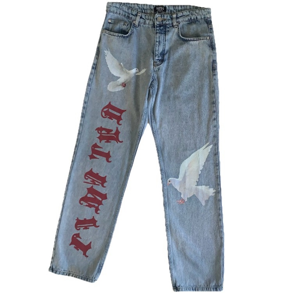 Boohoo Man Men’s Jeans Relaxed Fit Dove Print Tag Size 32R Outlaw Fashion